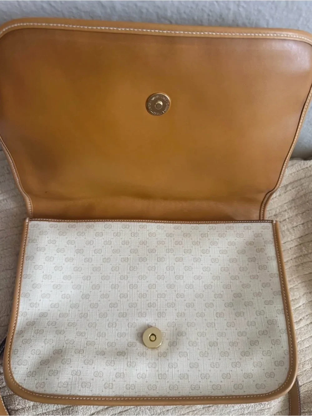 GG Beige Canvas Messenger Bag with Tan Leather Trim and Stripe